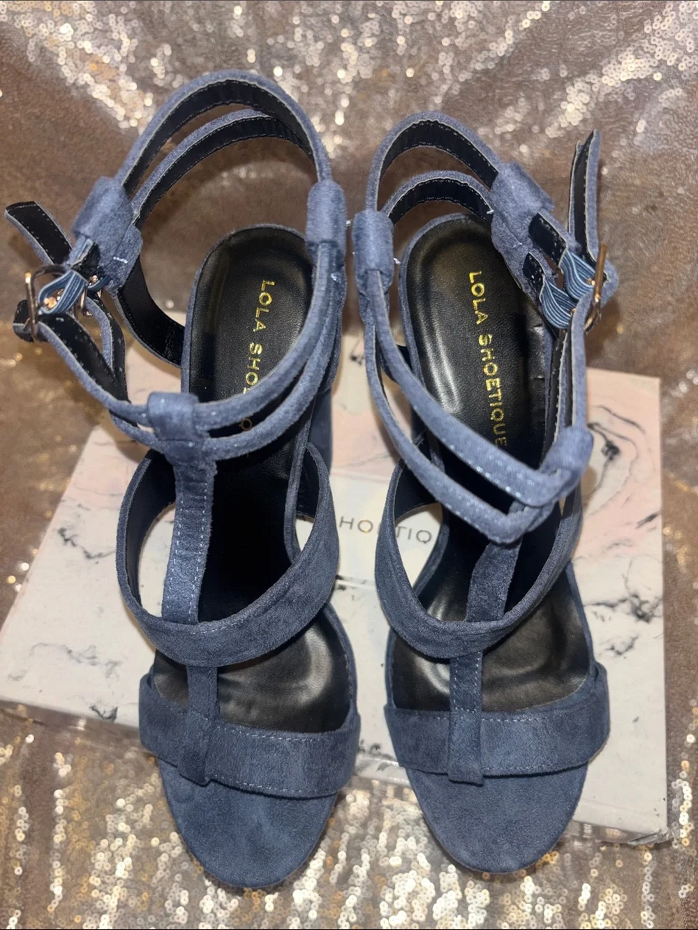 Lola Shoetique Navy Suede Multi-Strap Heeled Sandals